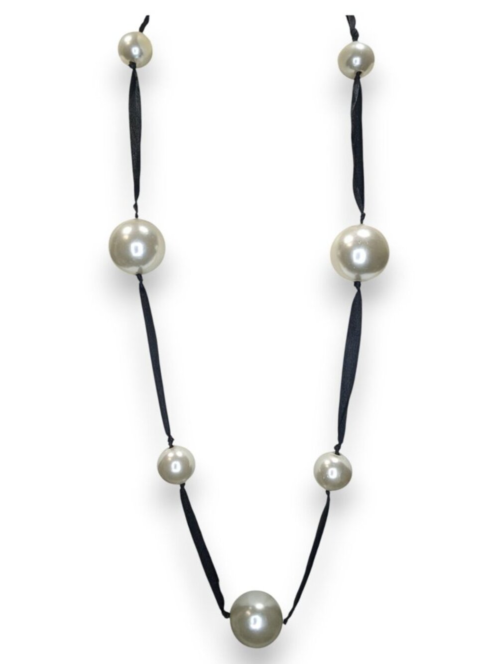 Vintage Romantic Faux Pearl White Black Ribbon Station Necklace 32 Inch